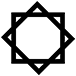Ein schwarzes Symbol, das aus verschiedenen geometrischen Formen besteht, darunter ein Sechseck und mehrere überlappende Quadrate, bildet ein markantes Muster auf weißem Hintergrund.