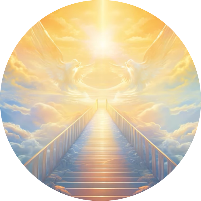 Eine Brücke führt in einen sonnenbeschienenen Himmel, umgeben von leuchtenden Wolken, was eine himmlische oder spirituelle Stimmung erzeugt.
